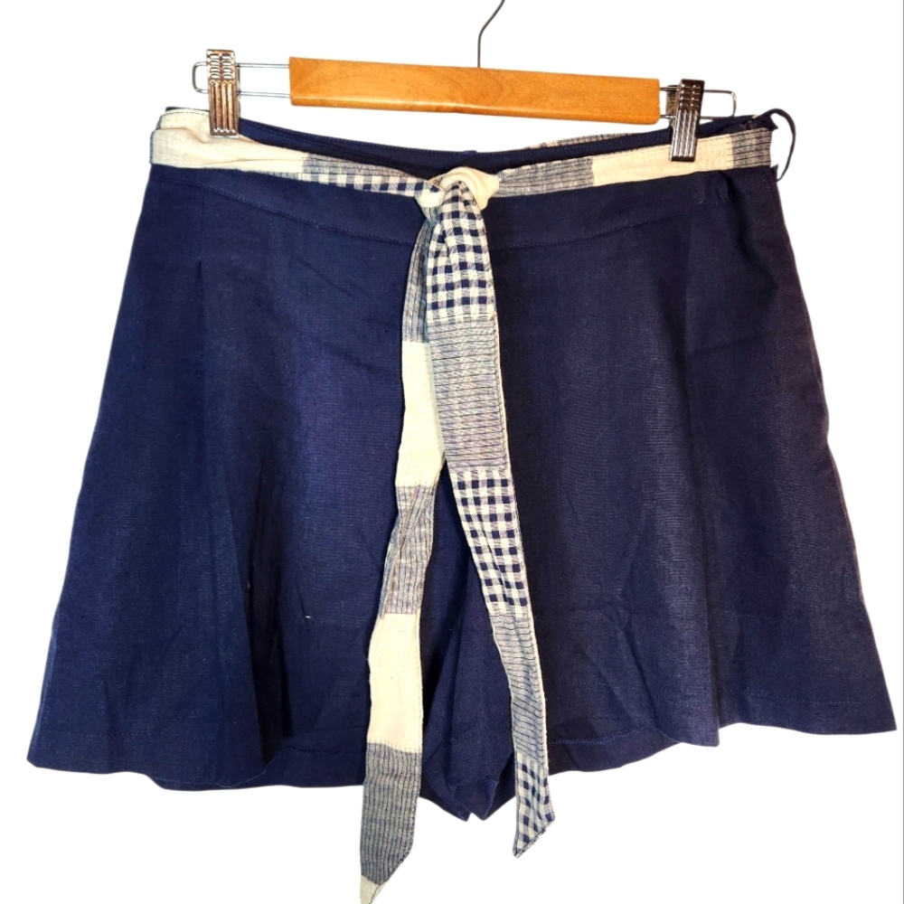 Hem & Thread Linen Shorts High Rise Navy Blue Pleated Patchwork Belt Cottagecore